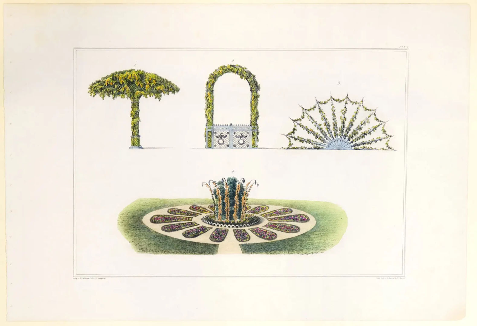 Das Bild zeigt vier Varianten von Gestellen aus Eisendraht die von Pflanzend umrankt sind.
